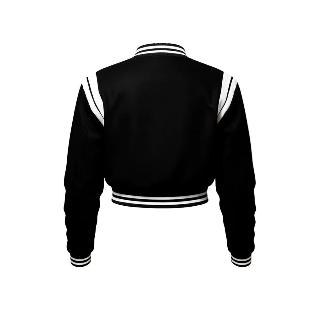 Black varsity jacket with white stripes on a white background