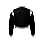 Black varsity jacket with white stripes on a white background