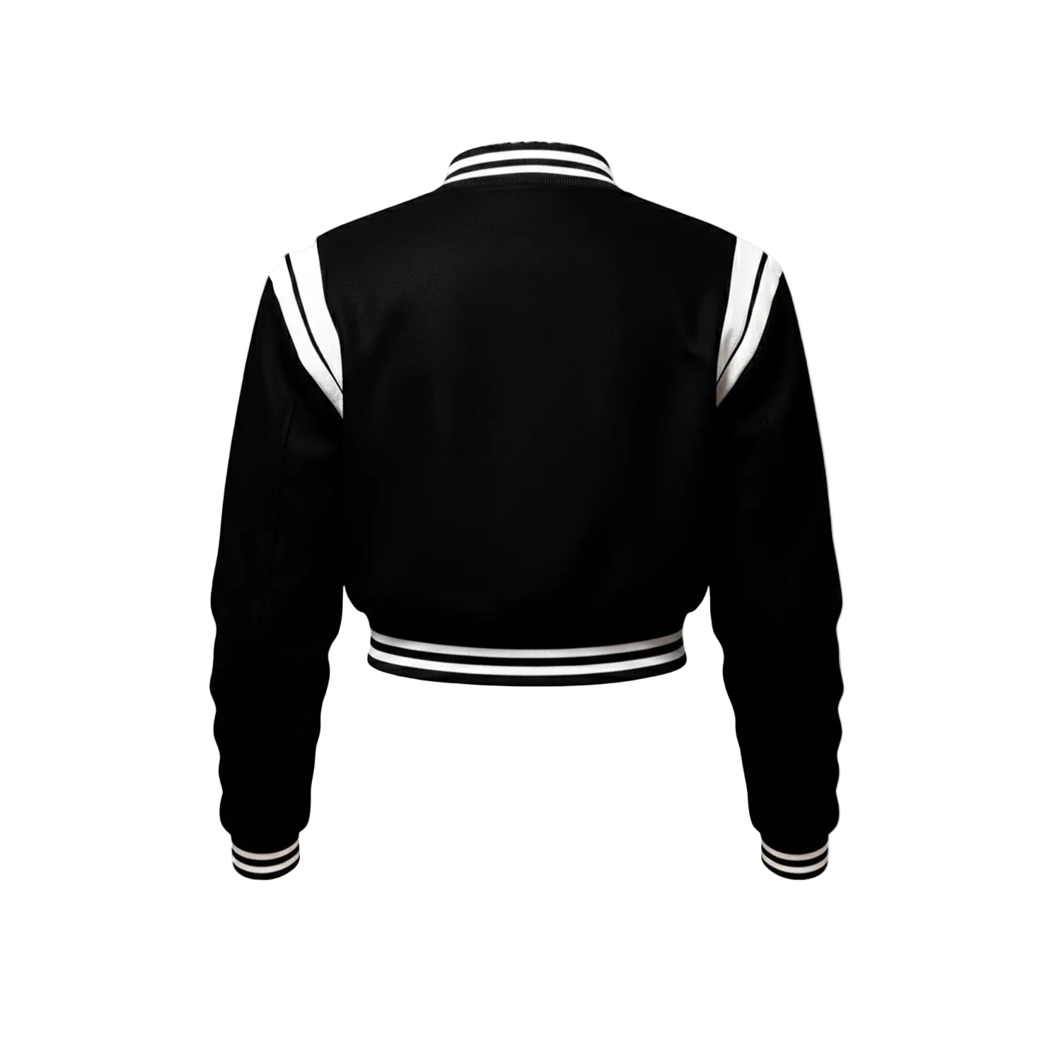 Black varsity jacket with white stripes on a white background