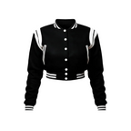 Black varsity jacket with white accents on a white background