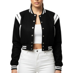 Black varsity jacket with white accents worn by a person on a white background