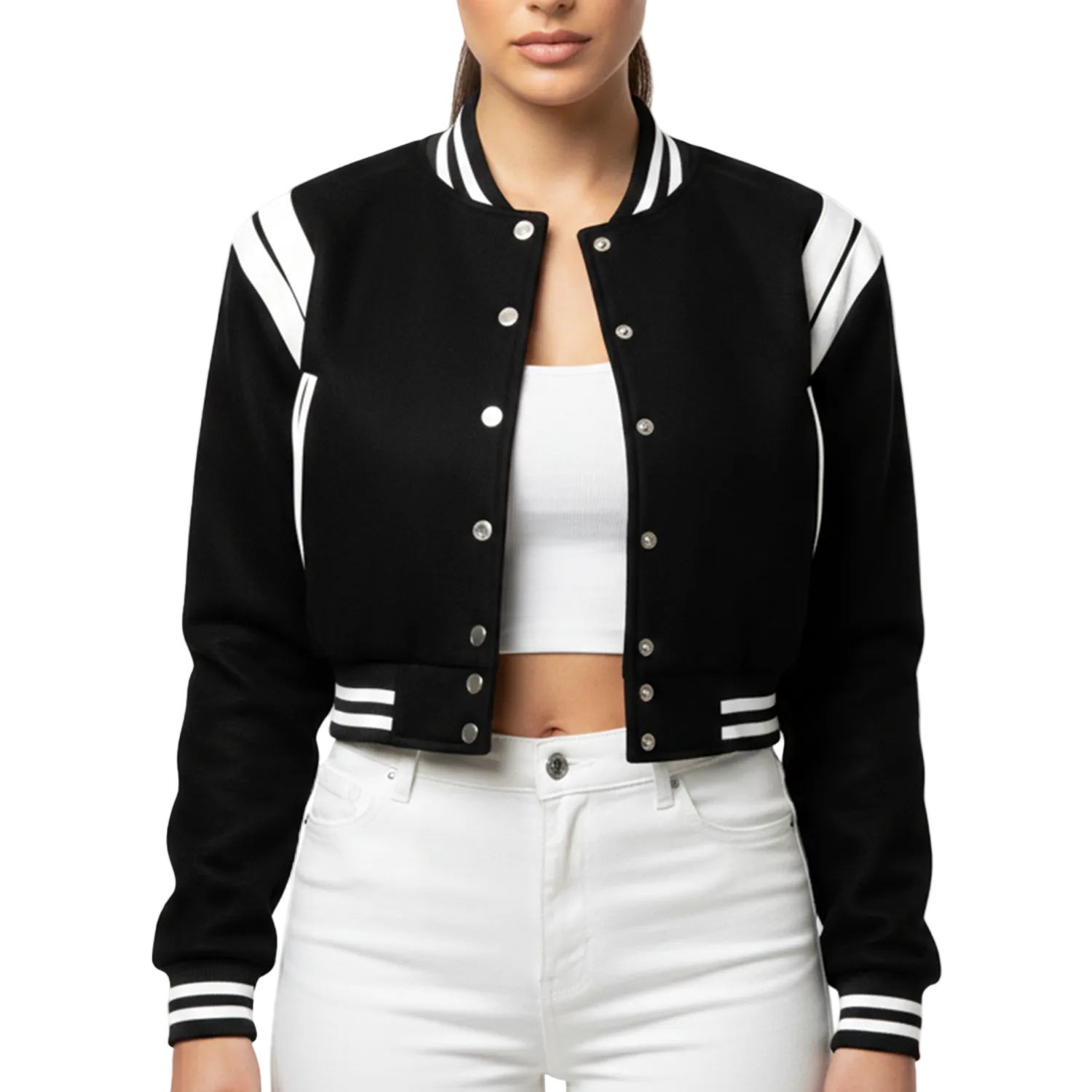 Black varsity jacket with white accents worn by a person on a white background