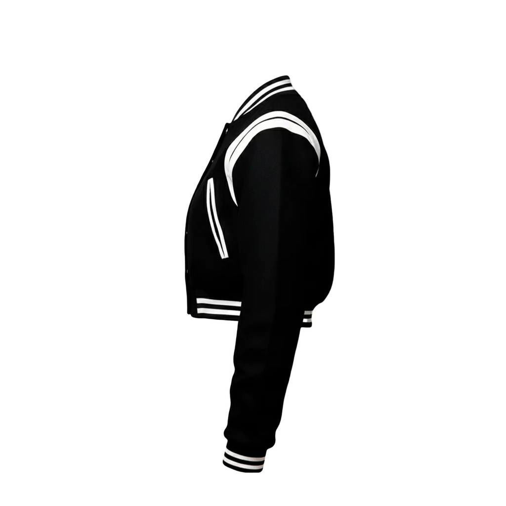 Black varsity jacket with white accents on a white background, featuring the brand logo.