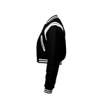 Black varsity jacket with white accents on a white background, featuring the brand logo.