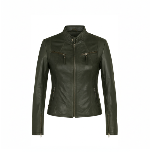 Green leather jacket on a white background