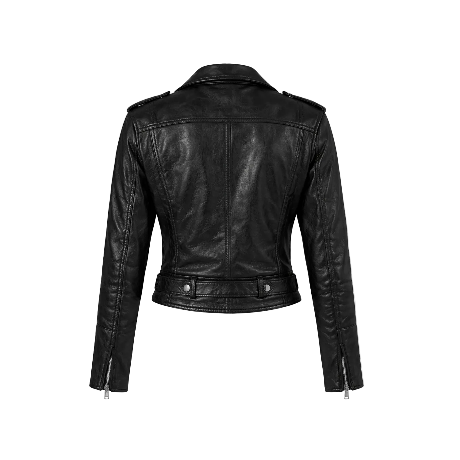 Black leather jacket on a white background with a brand logo.