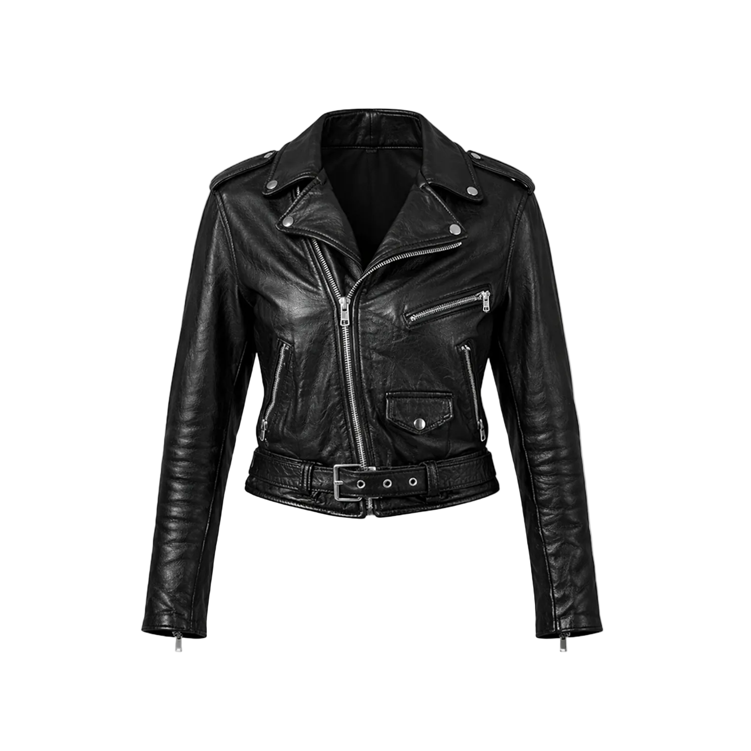 Black leather jacket on a white background with a brand logo.
