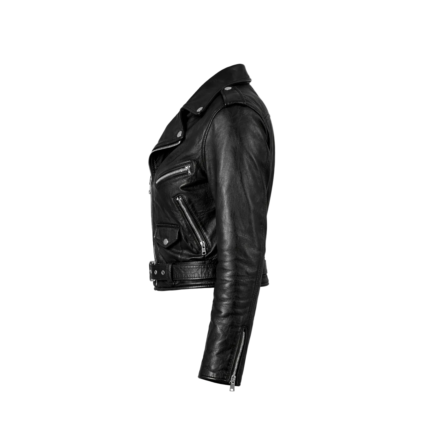 Black leather jacket on a white background with a brand logo.