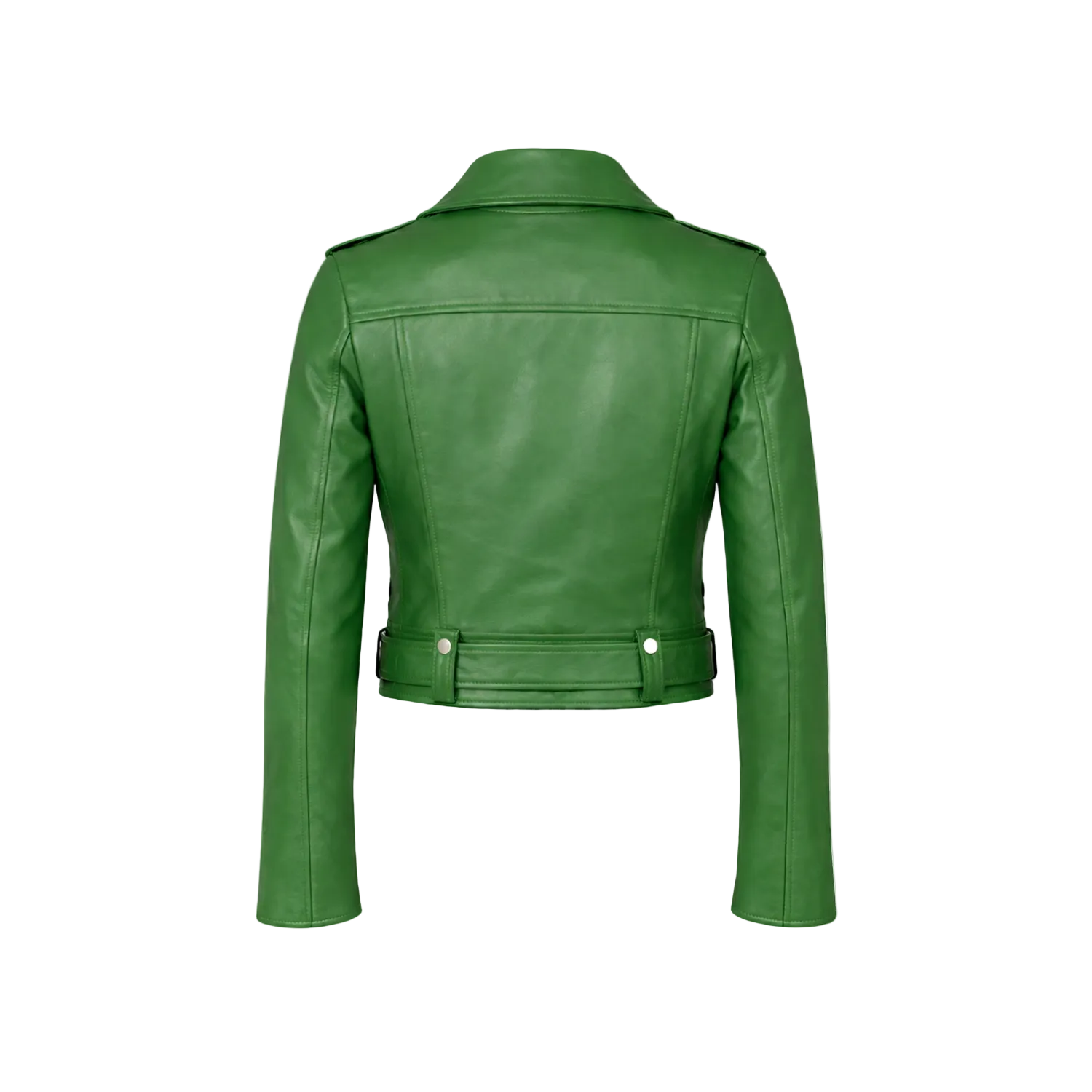 Green leather jacket on a white background with a brand logo.