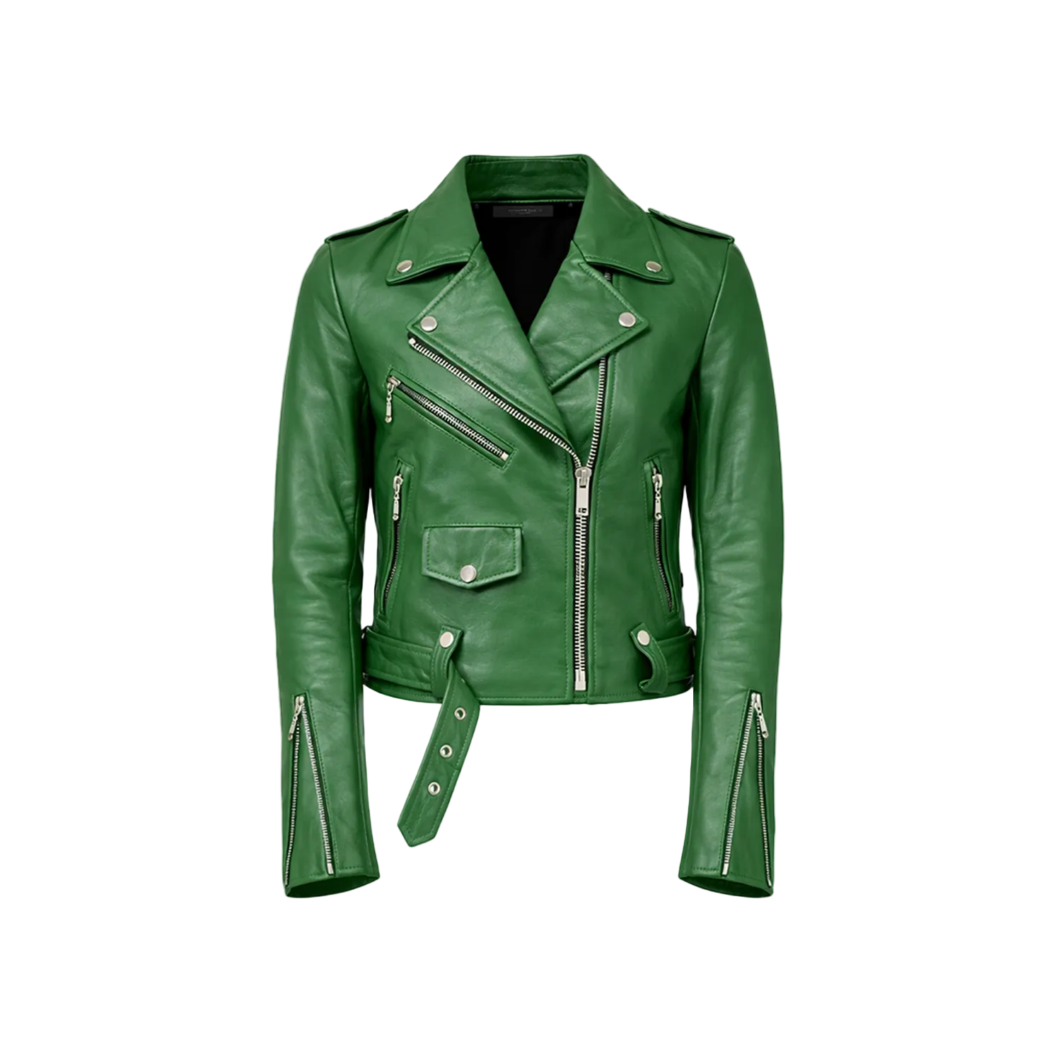 Green leather jacket on a white background with a brand logo.