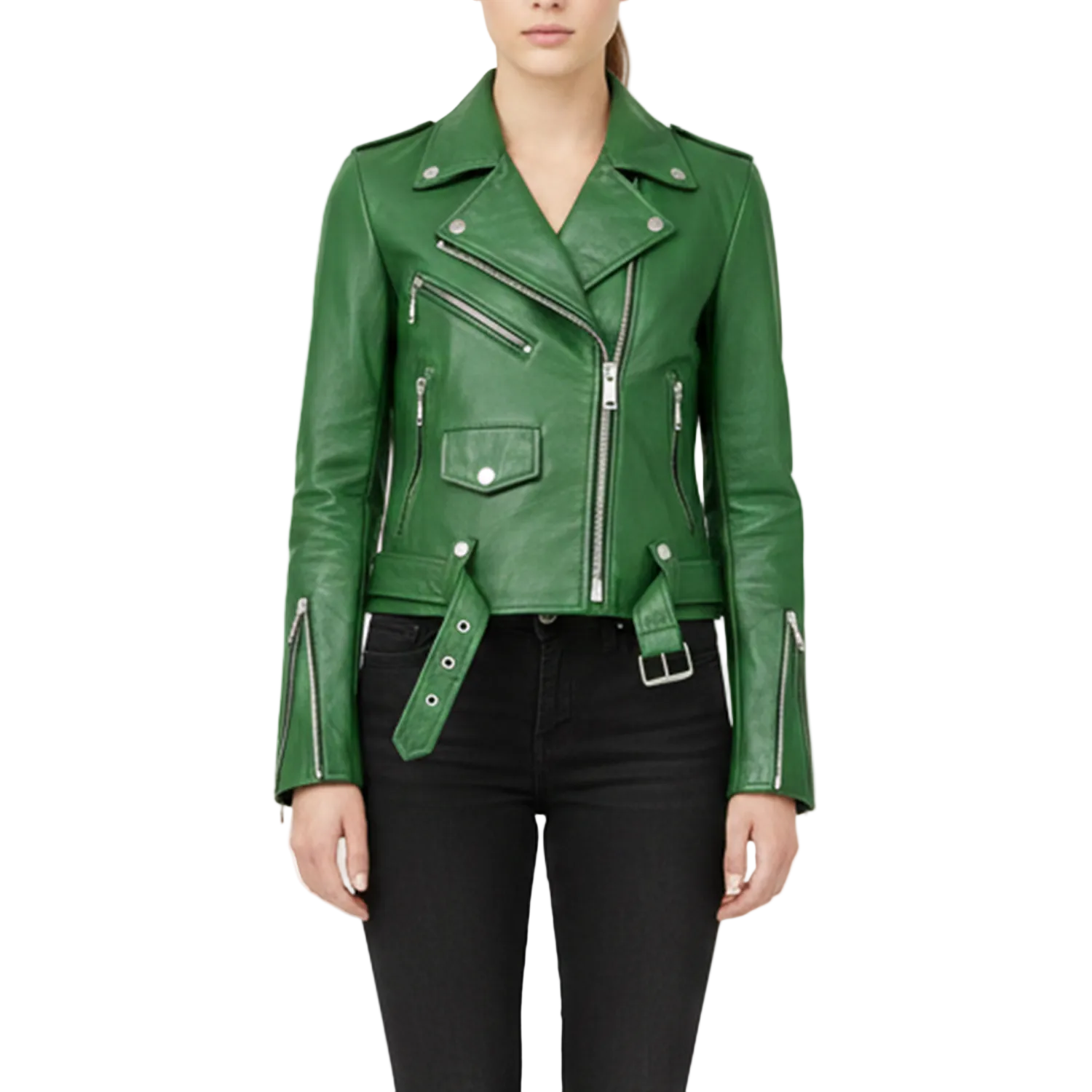 Green leather jacket with zippers on a white background
