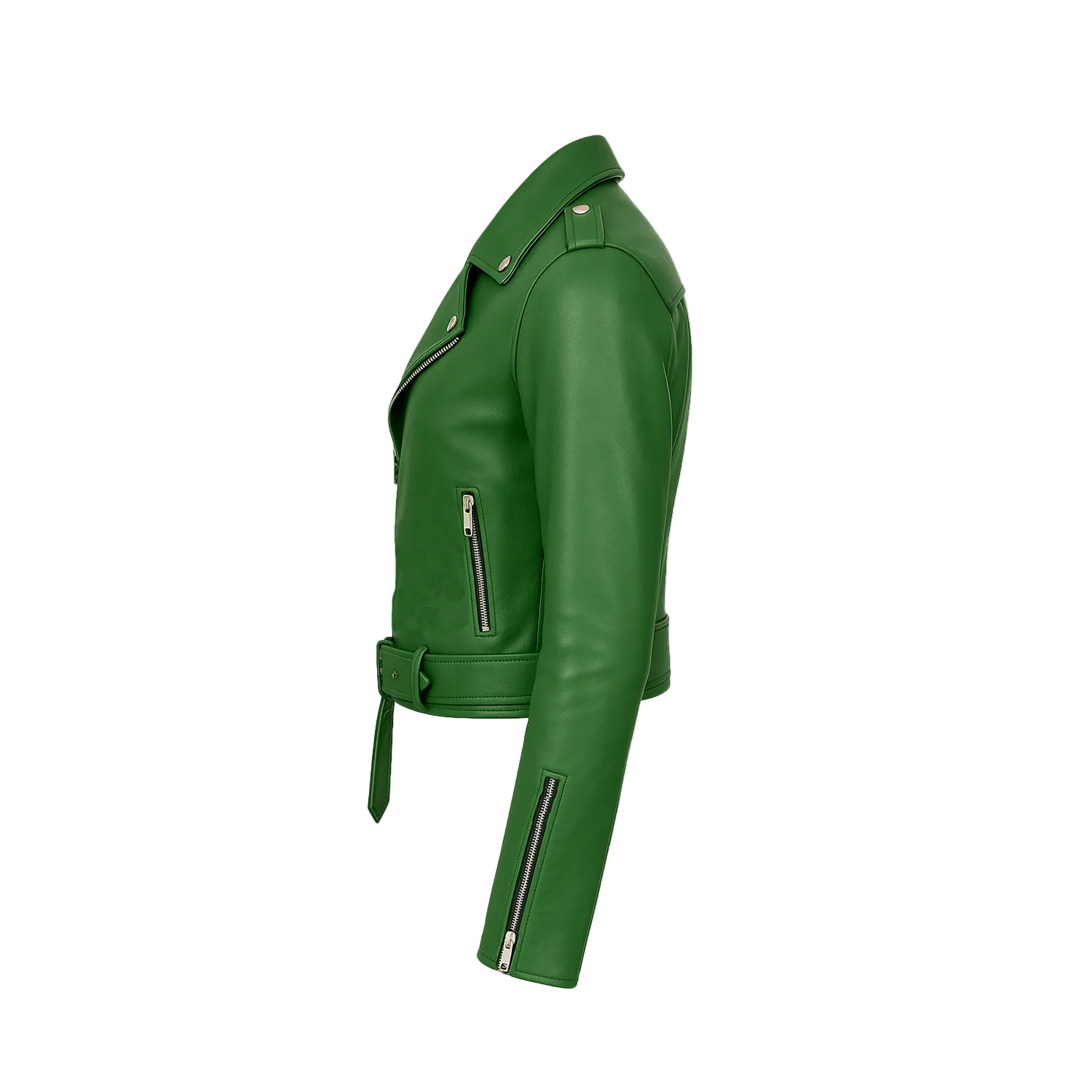 Green leather jacket on a white background with a brand logo.