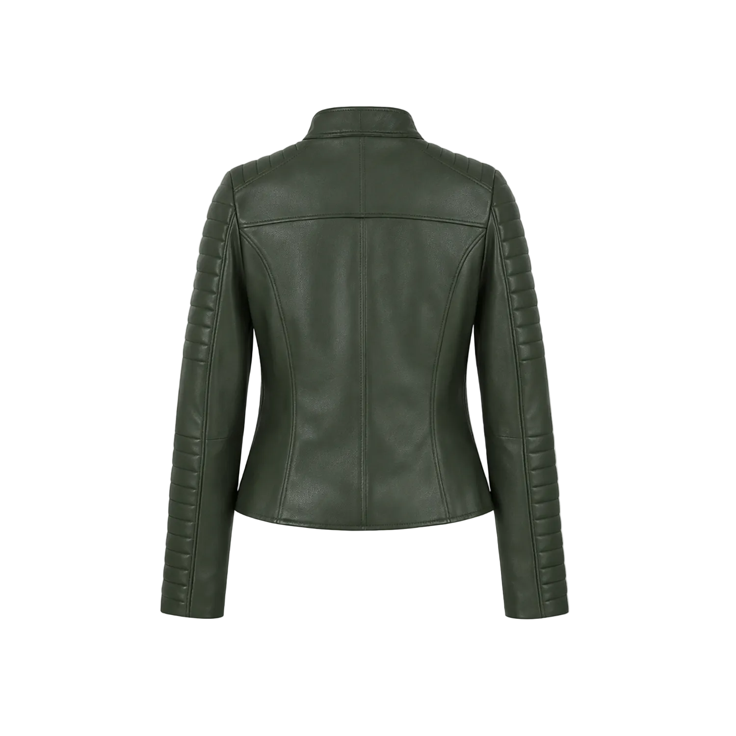 Green leather jacket on a white background with a brand logo.