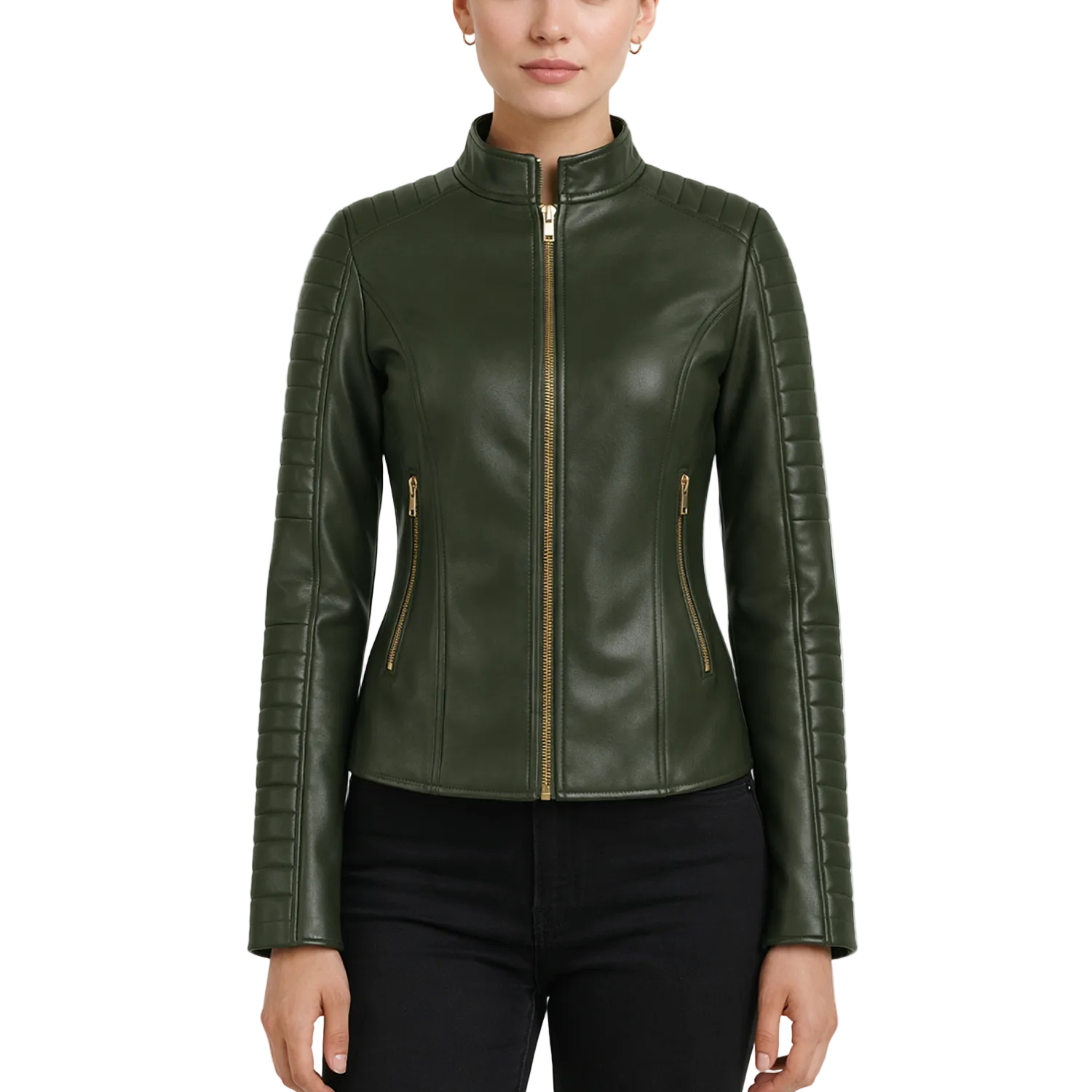 Green leather jacket worn by a model on a white background