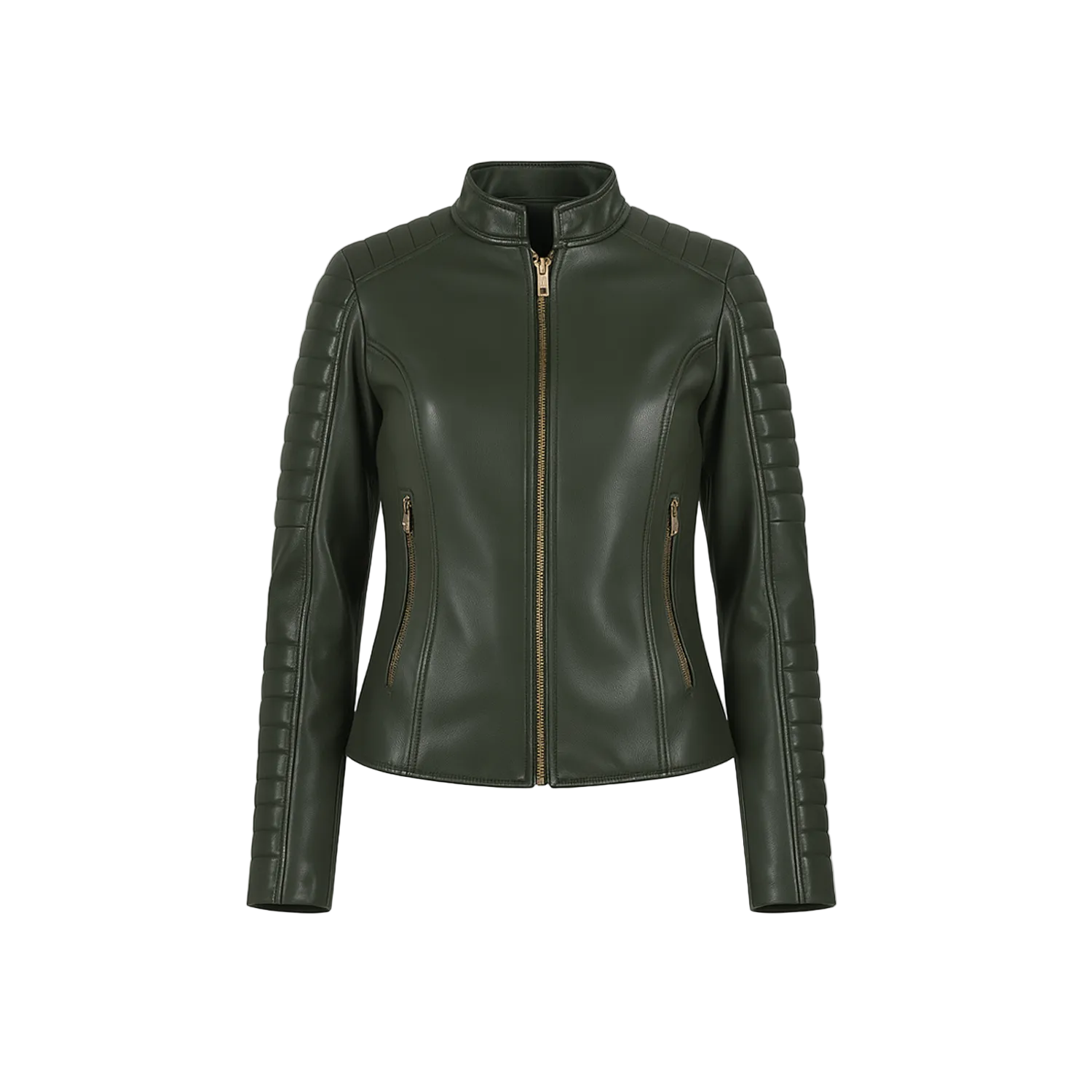 Green leather jacket on a white background with a brand logo.
