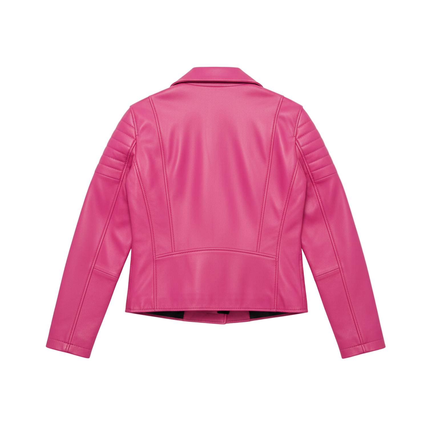 Pink leather jacket on a white background with a brand logo.