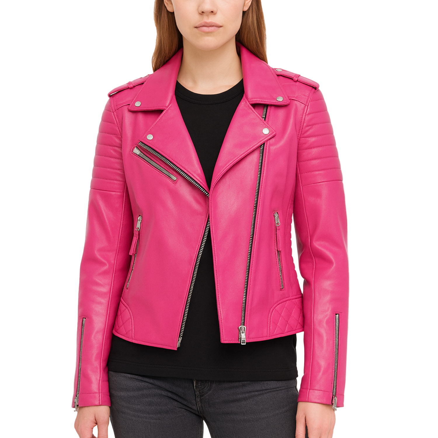 Pink leather jacket worn by a model on a white background