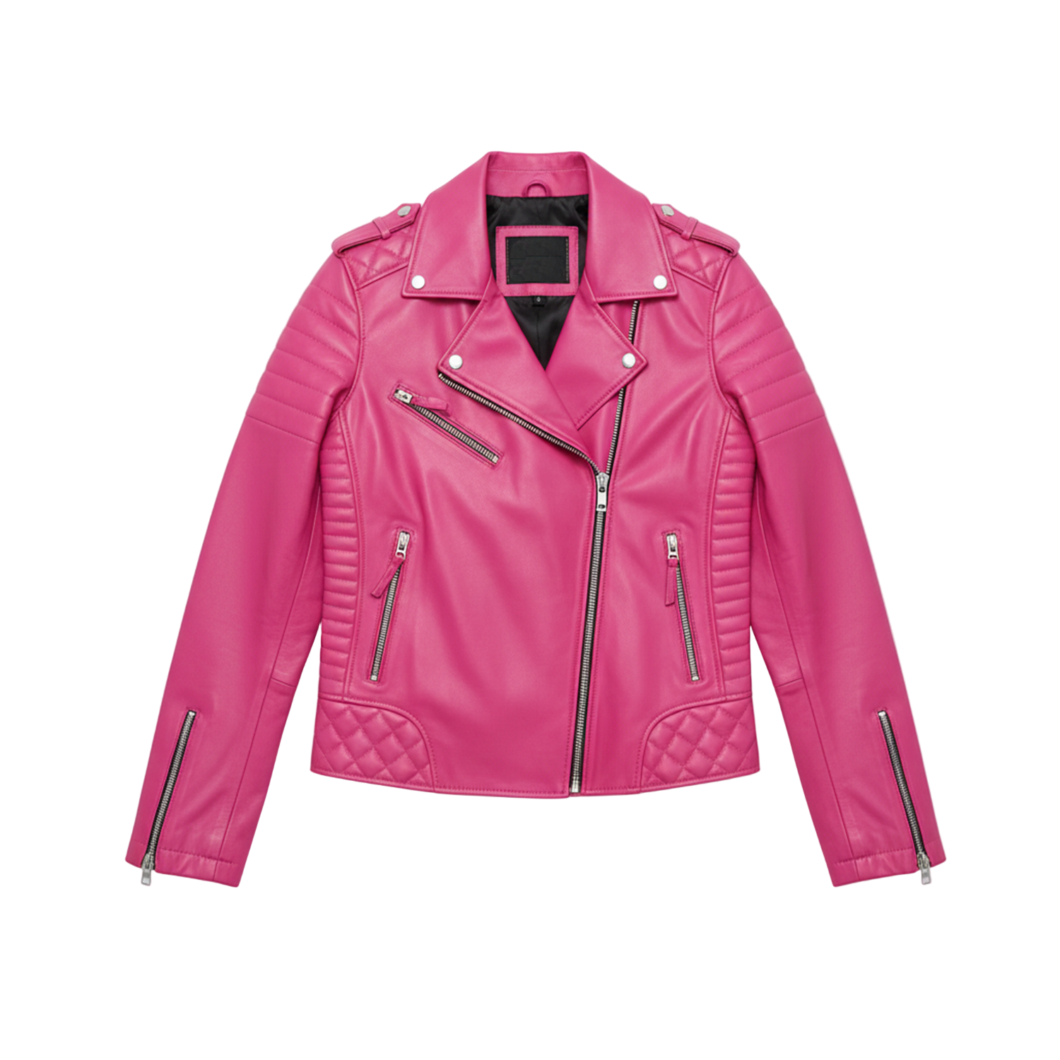 Pink leather jacket on a white background with a brand logo.