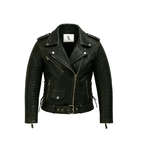 Black leather jacket with brand logo on a white background