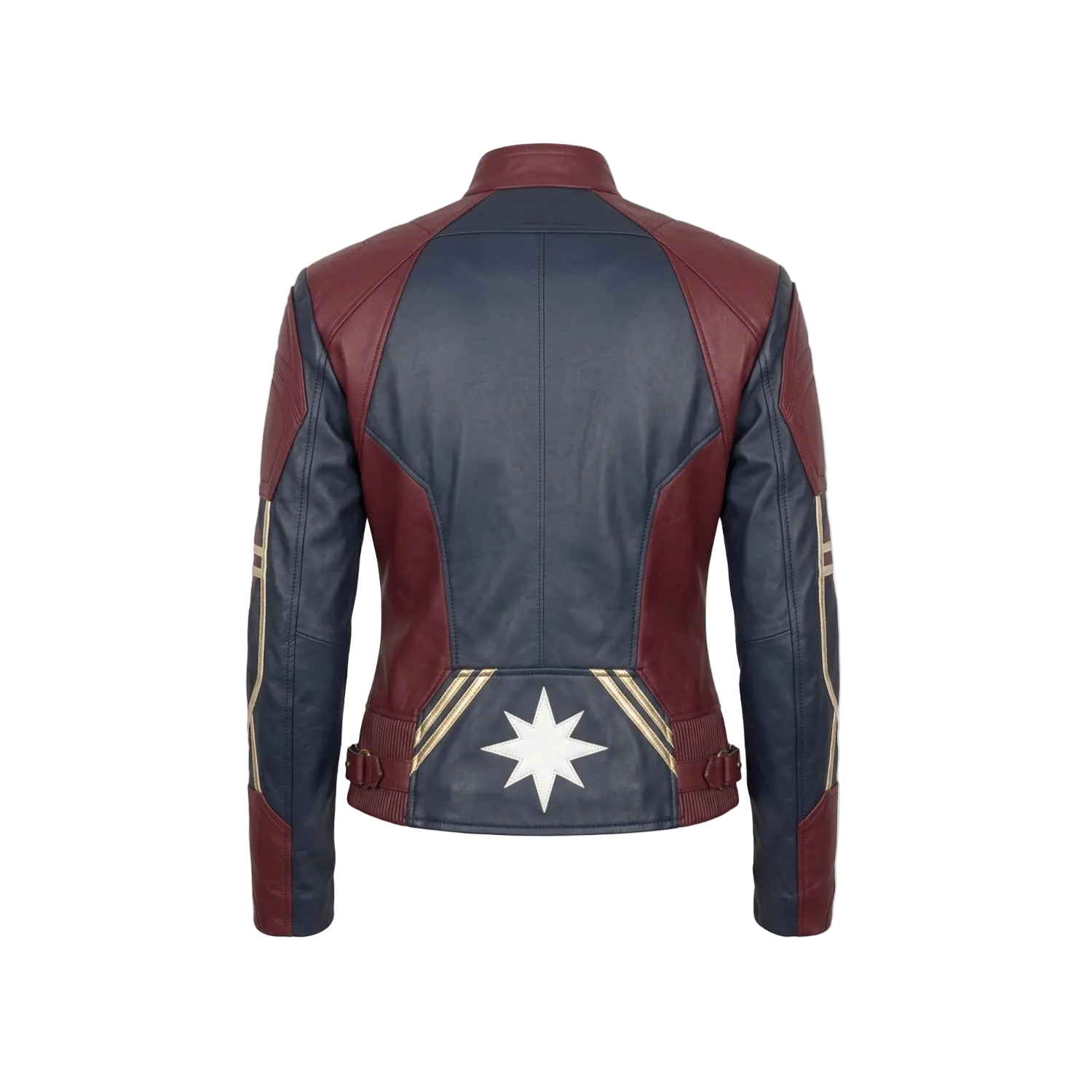 Blue and red leather jacket with star design on a white background