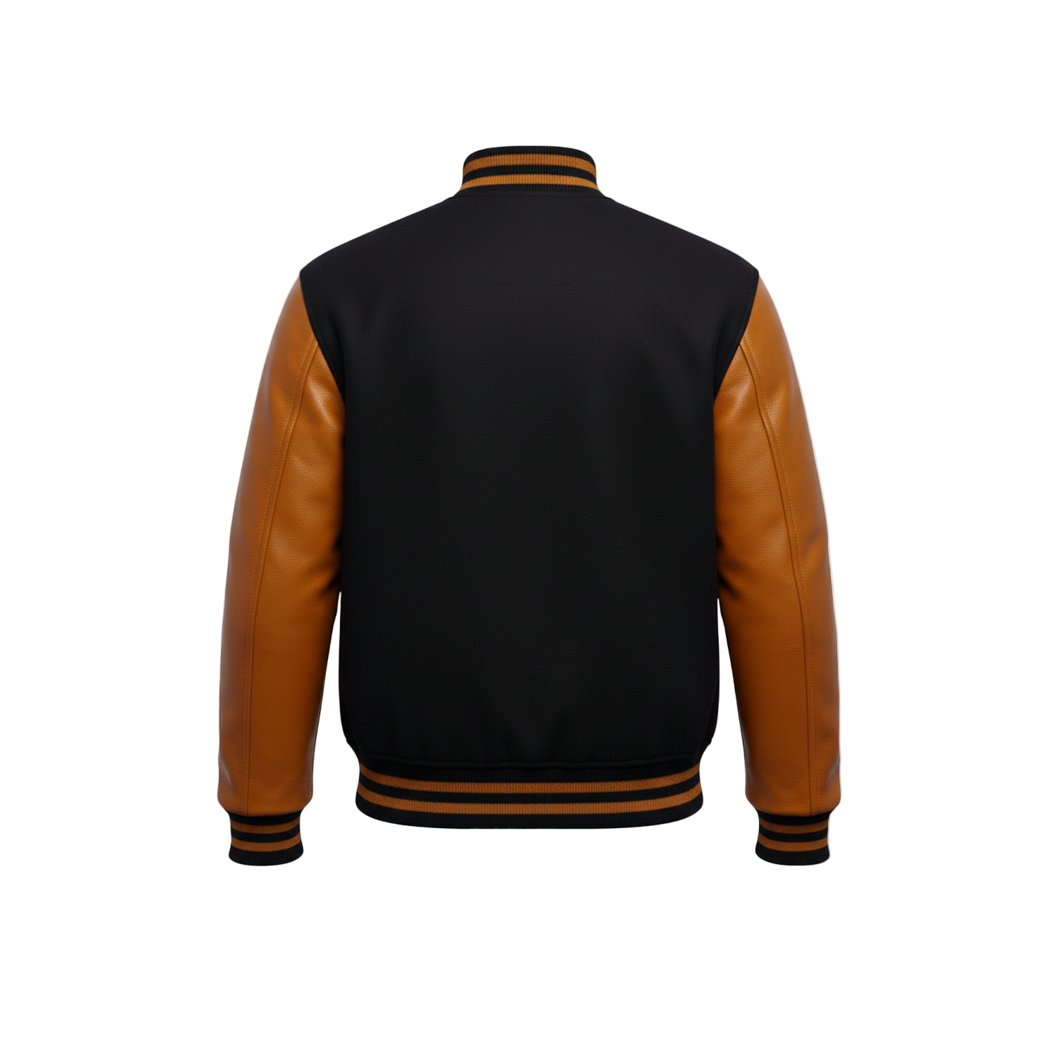 Black and brown varsity jacket on a white background with a brand logo.