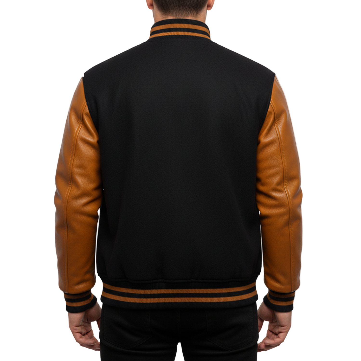 Black and brown varsity jacket on a white background with a brand logo.