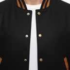 Black varsity jacket with brown accents and gold buttons on a plain background
