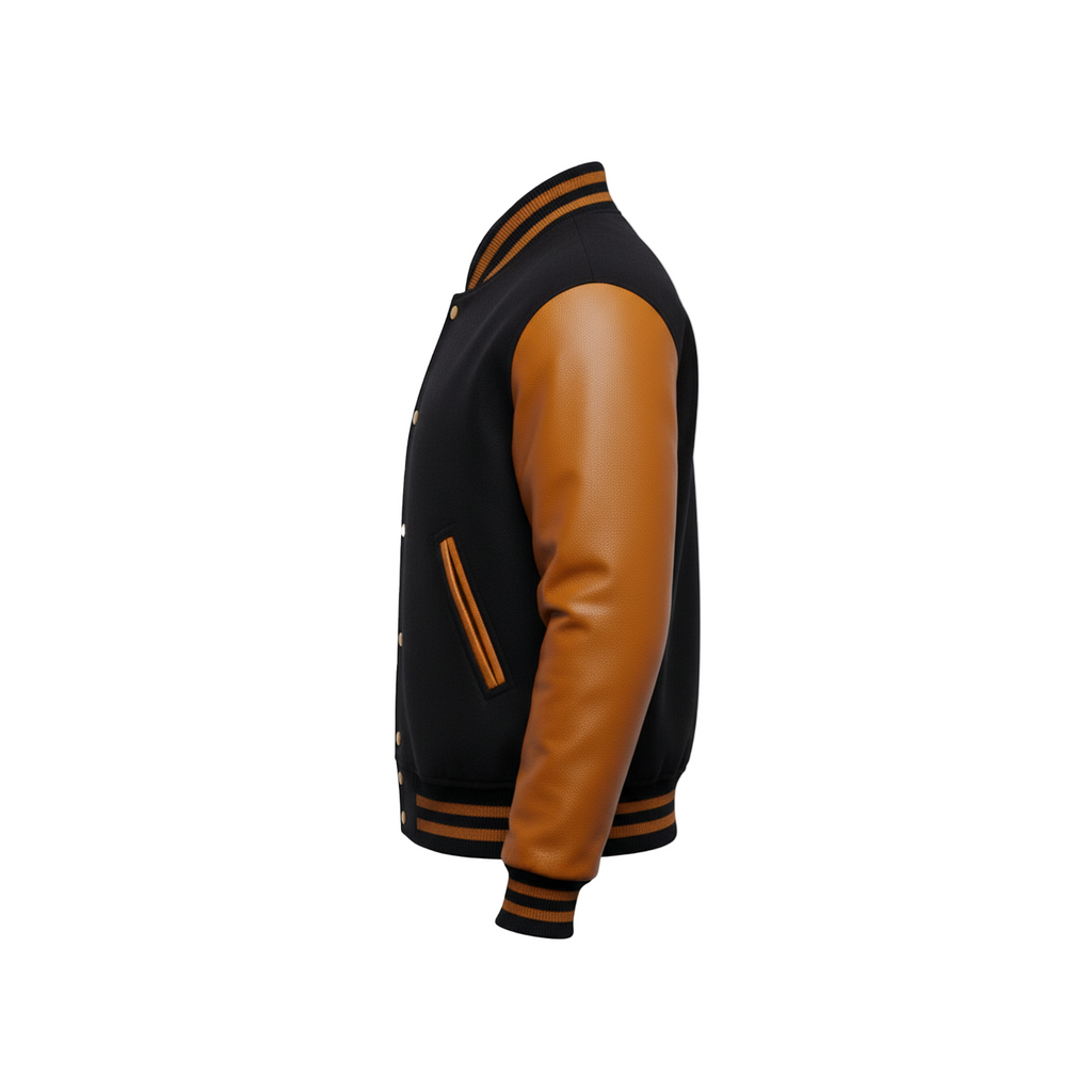Black and brown varsity jacket with brand logo on a white background