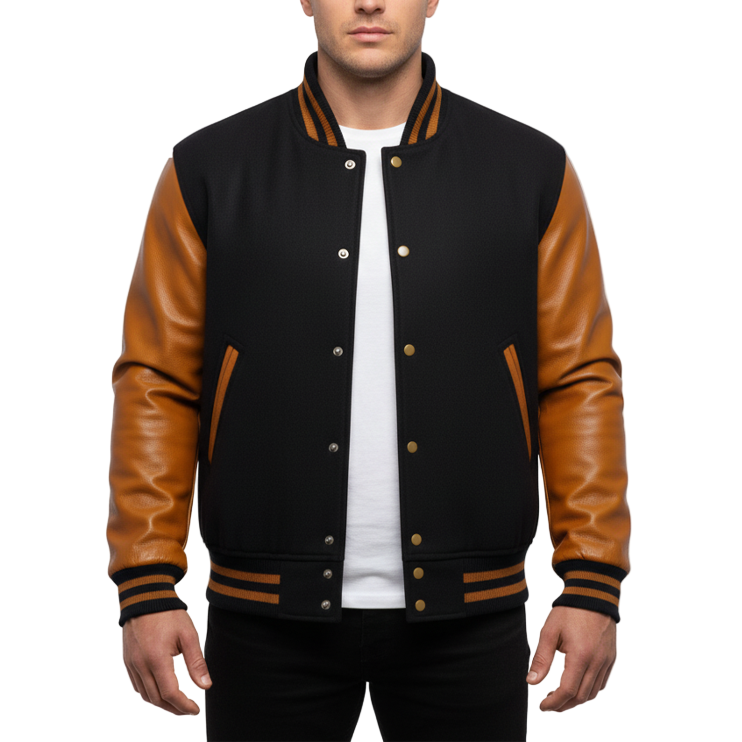 Black and brown varsity jacket with a white shirt underneath on a white background