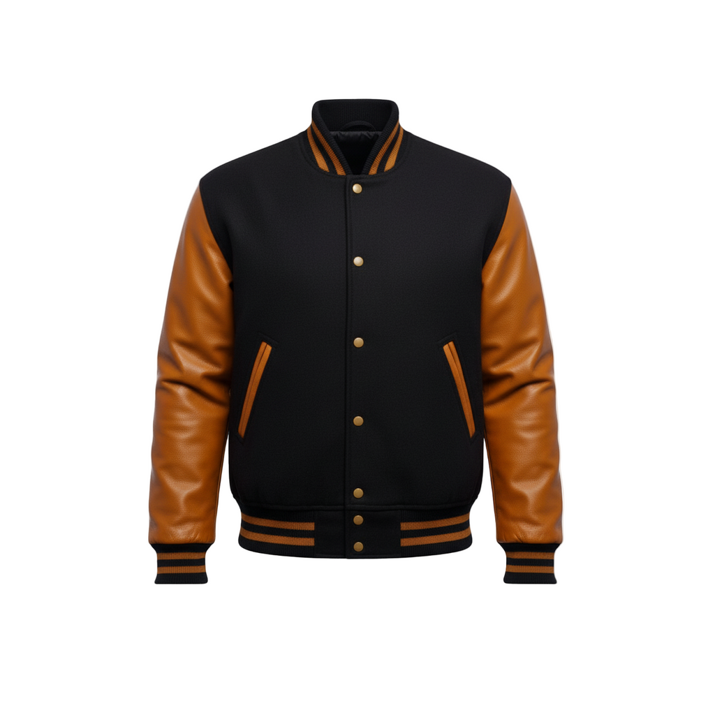 Black and brown varsity jacket on a white background with a brand logo.