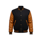 Black and brown varsity jacket on a white background with a brand logo.