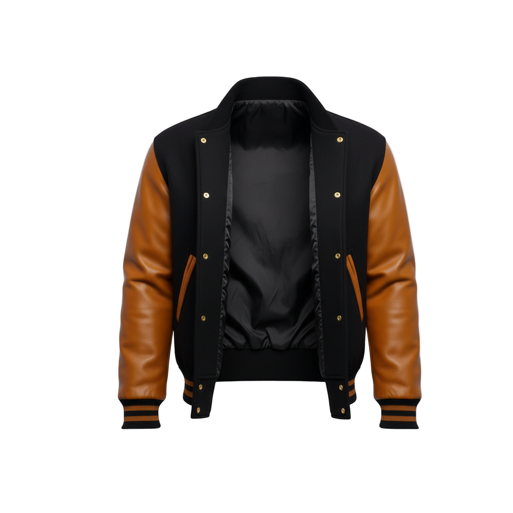 Black and brown varsity jacket on a white background with brand logo.