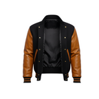 Black and brown varsity jacket on a white background with brand logo.