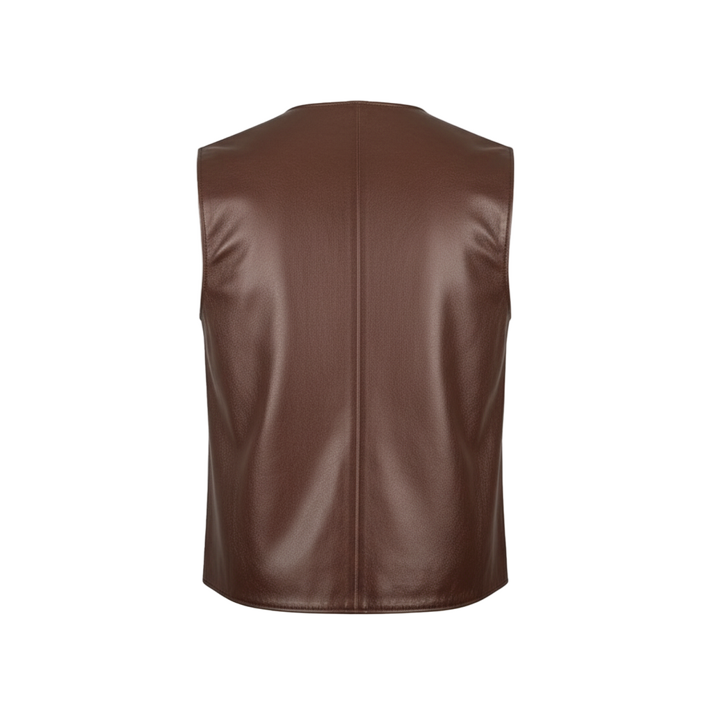 Brown leather vest on a white background with a brand logo.