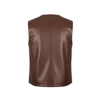 Brown leather vest on a white background with a brand logo.