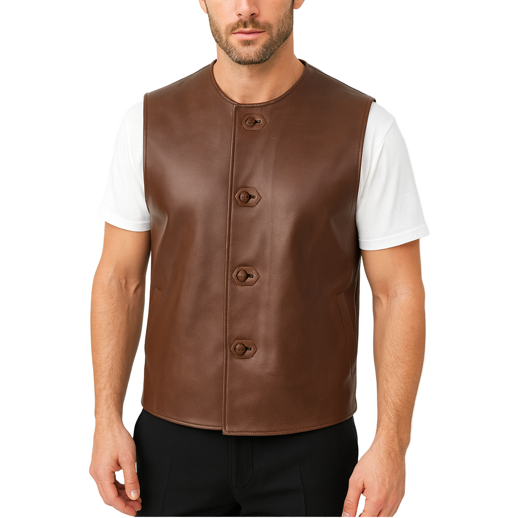 Man wearing a brown leather vest with buttons on a white background