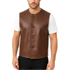 Man wearing a brown leather vest with buttons on a white background