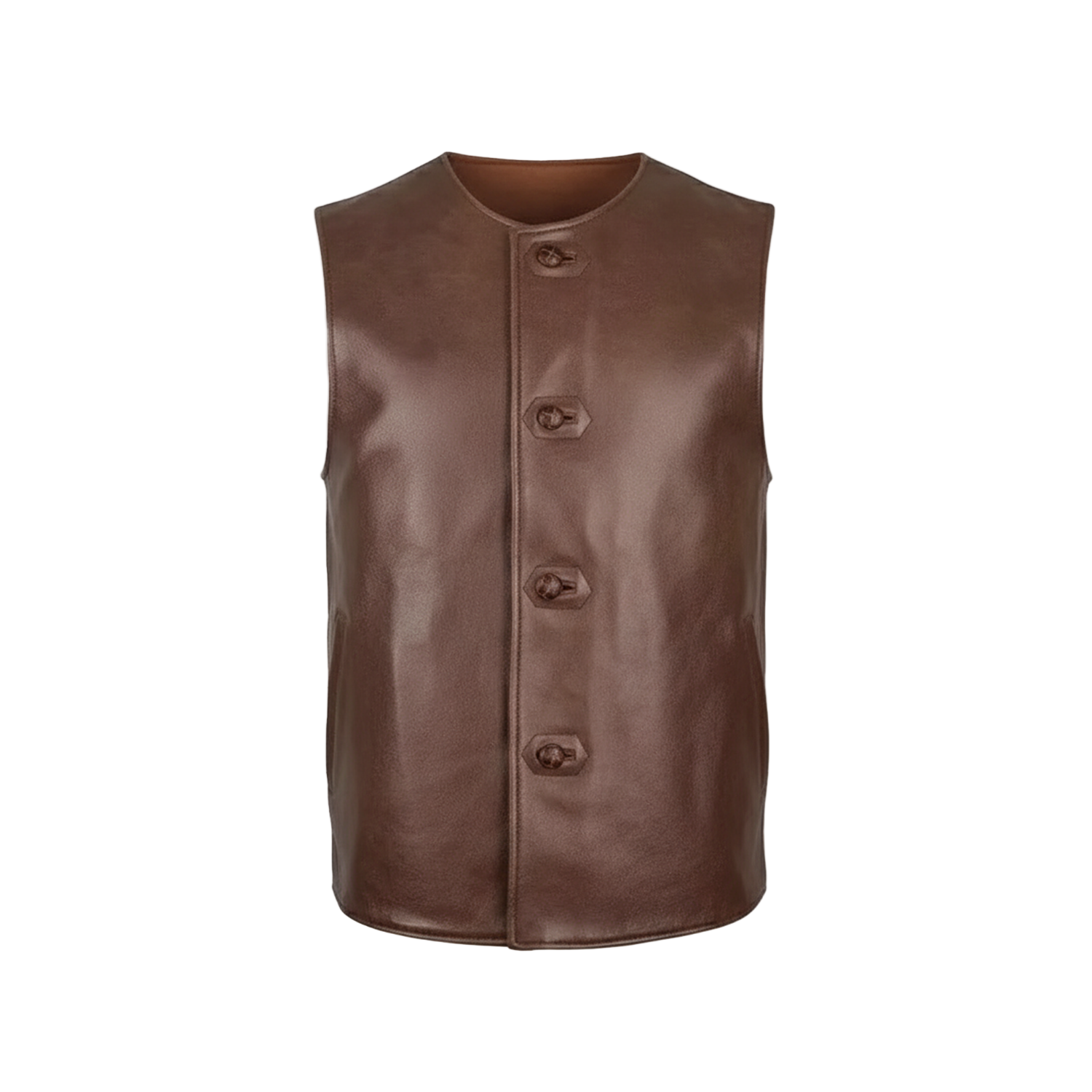 Brown leather vest with buttons on a white background