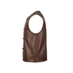 Brown leather vest on a white background with a brand logo.