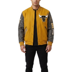Yellow and gray varsity jacket with a logo on a white background