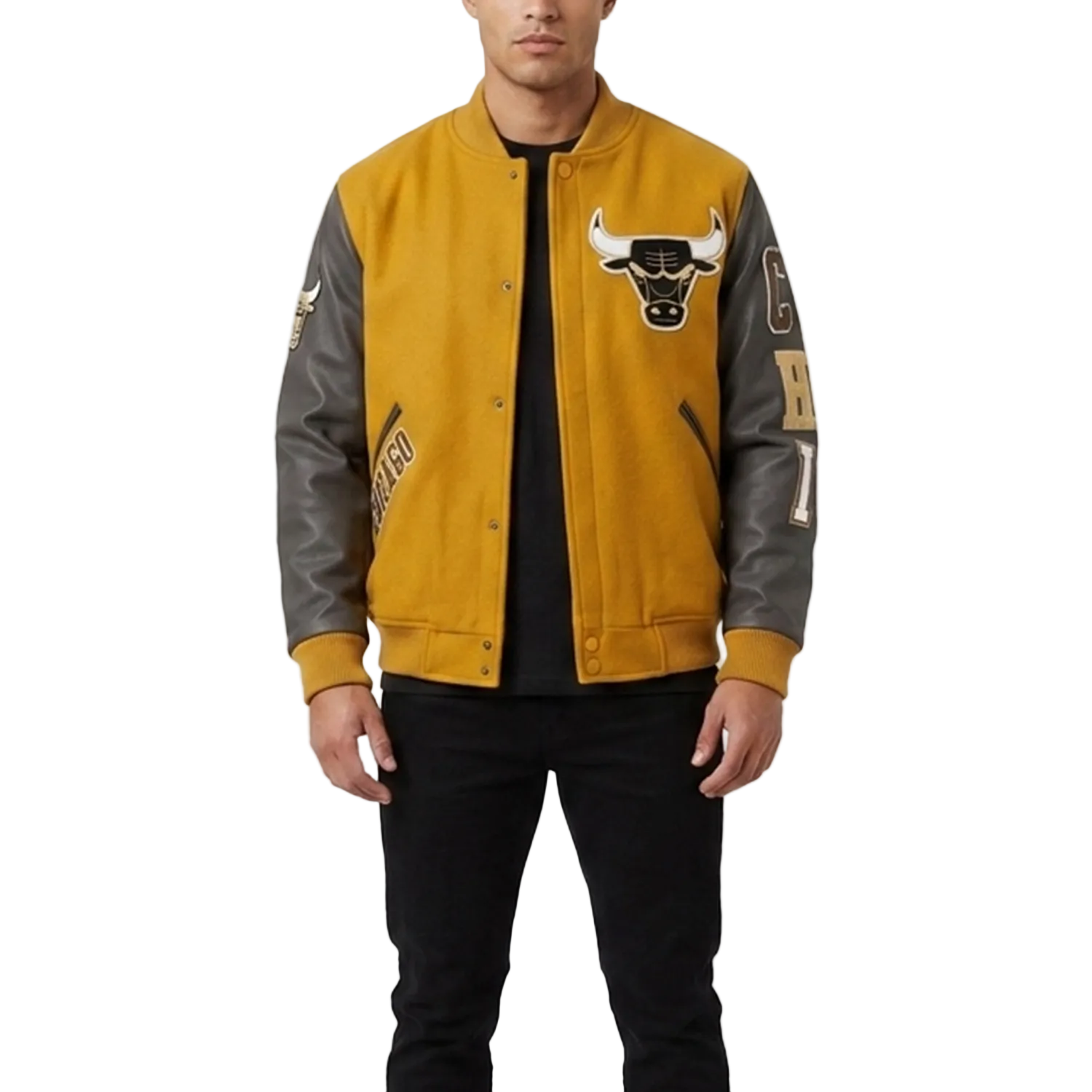 Yellow and gray varsity jacket with a logo on a white background