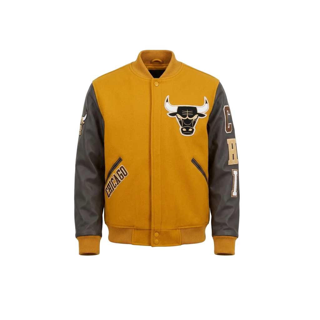Yellow and gray jacket with bull logo on a white background