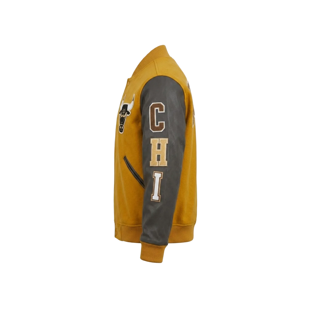 Yellow and gray varsity jacket with 'CHI' lettering on a white background